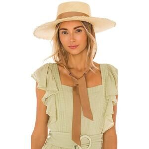 Revolve Sensi Studio Straw Frayed Long Brim Boater Hat Beige Sable Size Medium